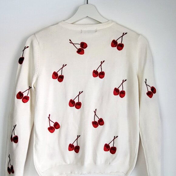 Cherry Embroidered Cardigan • White Knit Button-Up Sweater • S - Picture 2 of 6